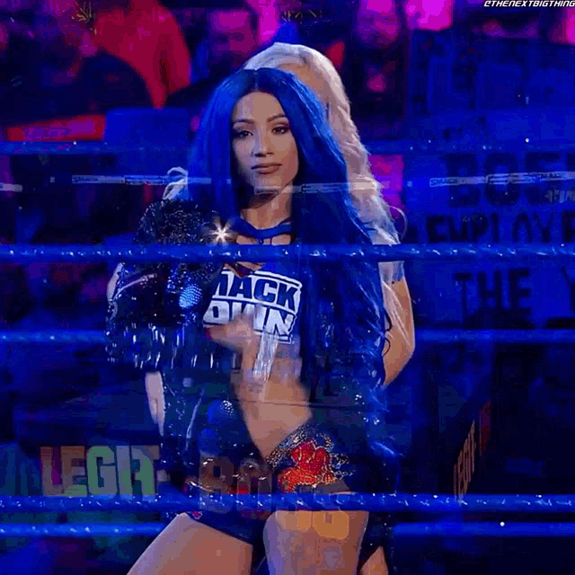 two women in a wrestling ring one with blue hair and the other with blonde hair