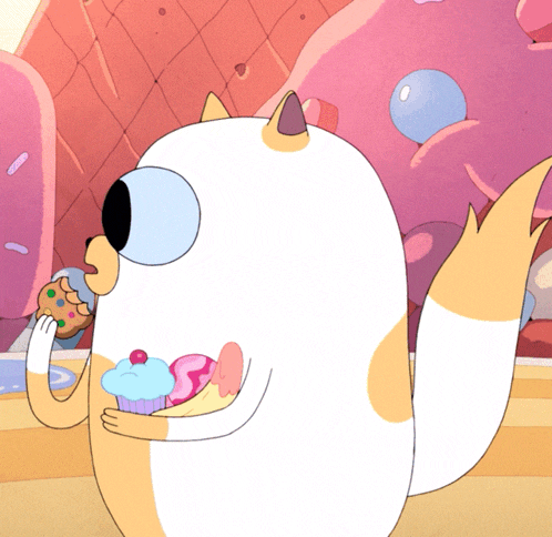 a cartoon cat is holding a cupcake and a cookie in its mouth