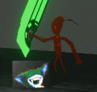 a drawing of a person holding a sword standing next to a green object