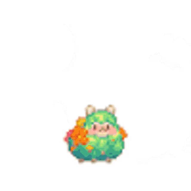 a pixel art of a girl with a basket of flowers and a cat with a heart .