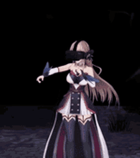 a girl wearing a virtual reality headset is standing in a dark room .
