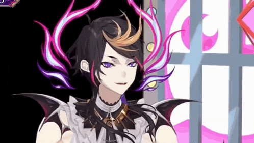 a close up of a person 's face in a video game with a purple eye and wings .