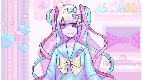 a pixel art drawing of a girl with a bow