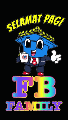 a cartoon character holding a cup with the words selamat pagi fb family