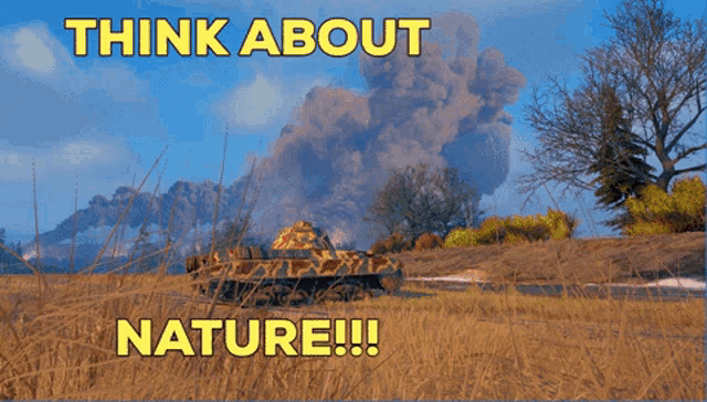 a poster that says think about nature with a girl looking at a tank