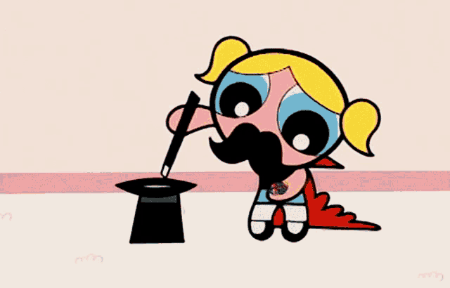 bubbles from the powerpuff girls is sitting on the floor with a top hat in front of her
