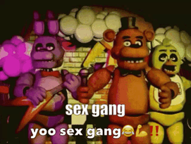 a group of five nights at freddy 's characters standing next to each other with the words sex gang yoo sex gang