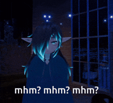a picture of a girl with long blue hair and the words mhm