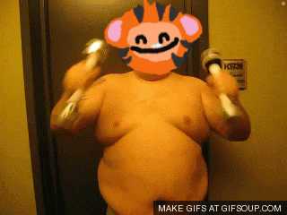 a naked man with a cartoon tiger on his face is holding a pair of dumbbells