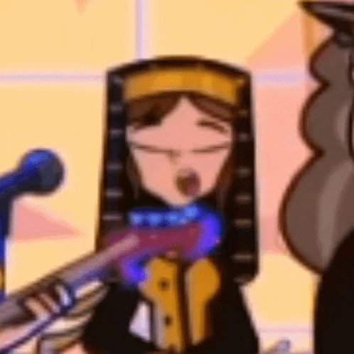 a cartoon character is singing into a microphone in front of a microphone .
