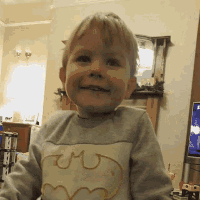 a young boy wearing a batman sweatshirt smiles for the camera