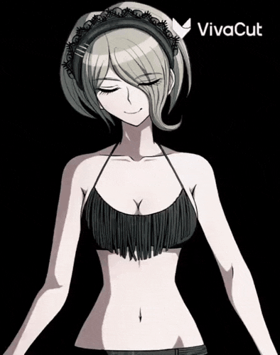 a cartoon girl in a black bikini with the vivacut logo on the bottom