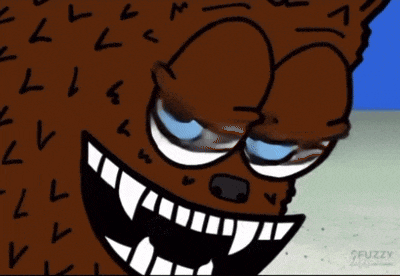 a cartoon drawing of a bear with sharp teeth is titled fuzzy bark