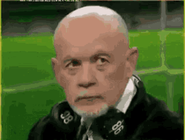a bald man with a beard is talking into a microphone on a sports field .