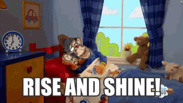 a picture of a monkey reading a book with the words rise and shine below it