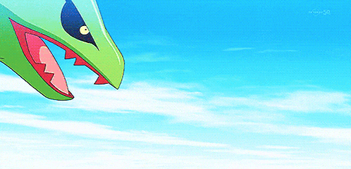 a green dragon with red teeth is flying through a blue sky ..