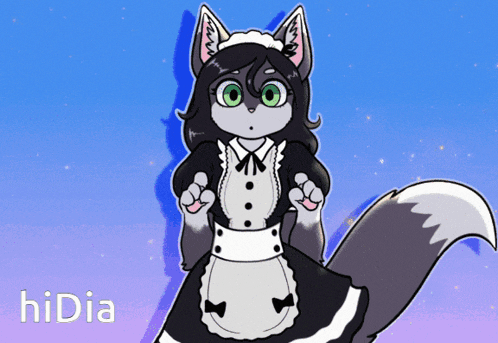 a cartoon drawing of a cat wearing a maid outfit with the name hidia on the bottom