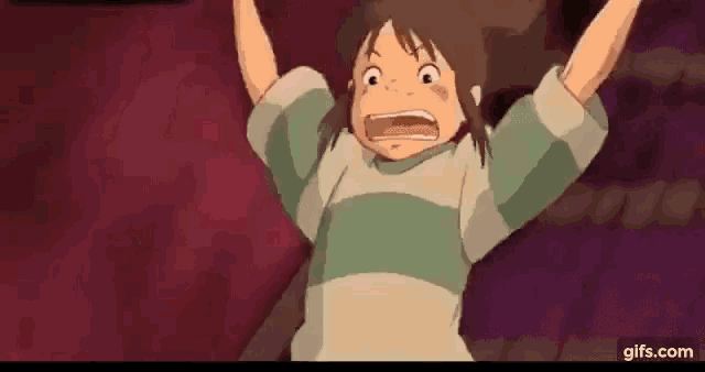 a cartoon character from spirited away is screaming with her arms outstretched .