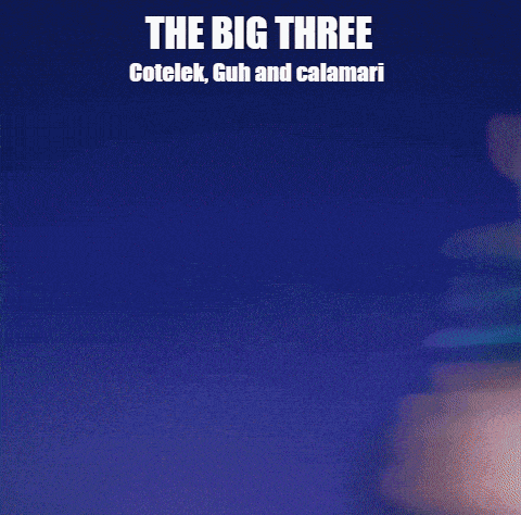 a blurry picture of a person with the words the big three cotelek guh and calamari