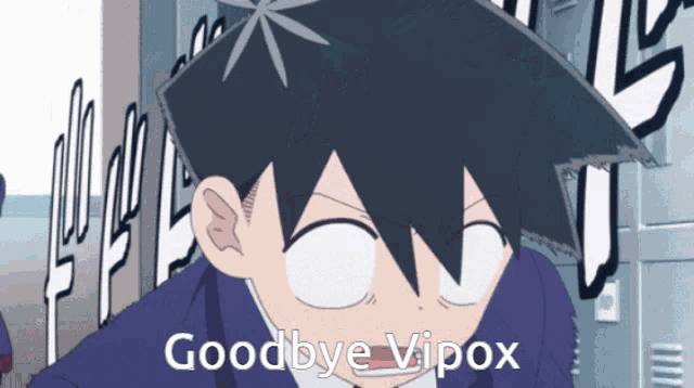 a cartoon character says goodbye vipox in front of a row of lockers