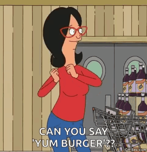 a woman from bob 's burgers is standing in front of a grocery cart with bottles of wine .