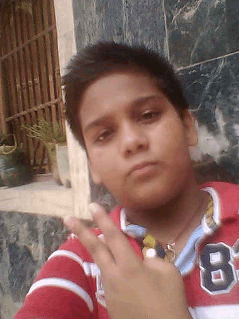 a boy in a red and white shirt with the number 8 on it
