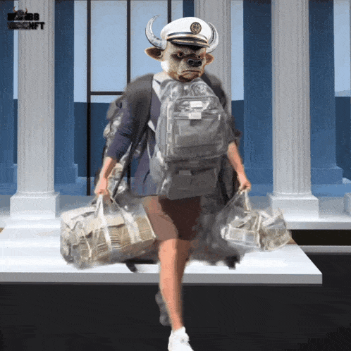 a man with a bull head is carrying a backpack and bags of money
