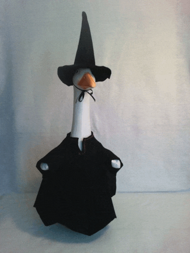 a stuffed duck dressed as a witch with a black cape