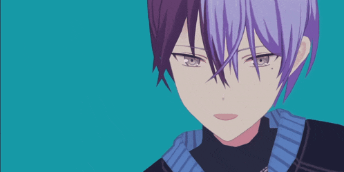 a person with purple hair and blue nail polish is pointing