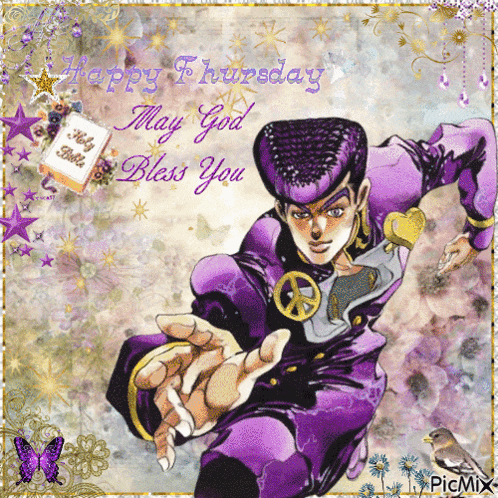 a happy thursday greeting card with a cartoon character in purple