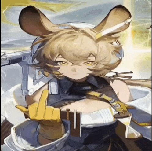 a girl with bunny ears is giving the middle finger in a video game .