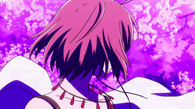 a drawing of a girl with pink hair and a purple sky in the background