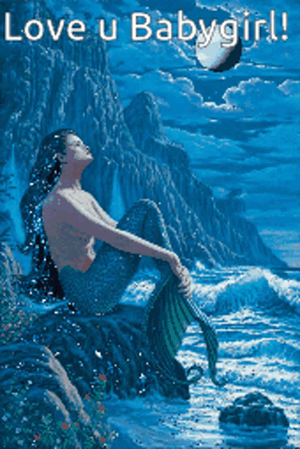 a painting of a mermaid sitting on a rock near the ocean