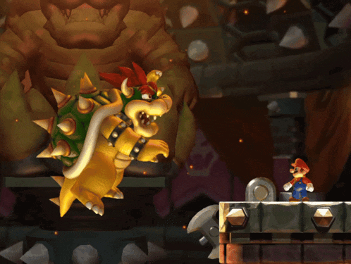 a video game scene with bowser and mario in the foreground