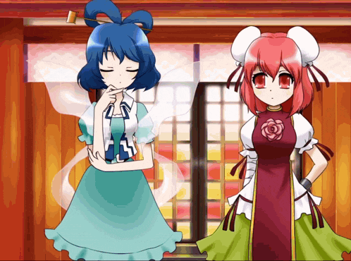 two anime girls are standing next to each other