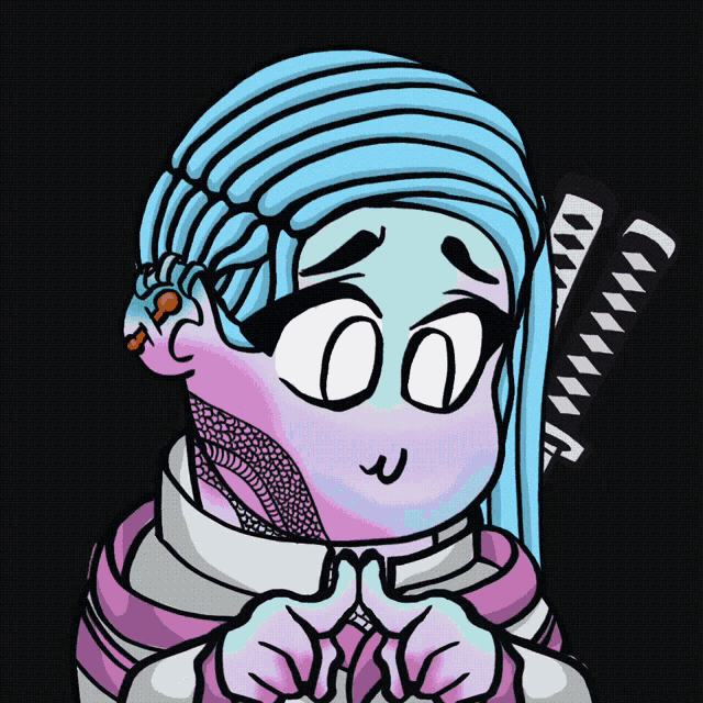 a drawing of a person with blue hair and a samurai sword