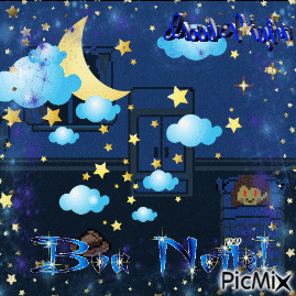 a picture of a night sky with a crescent moon and clouds and the words good night picmix