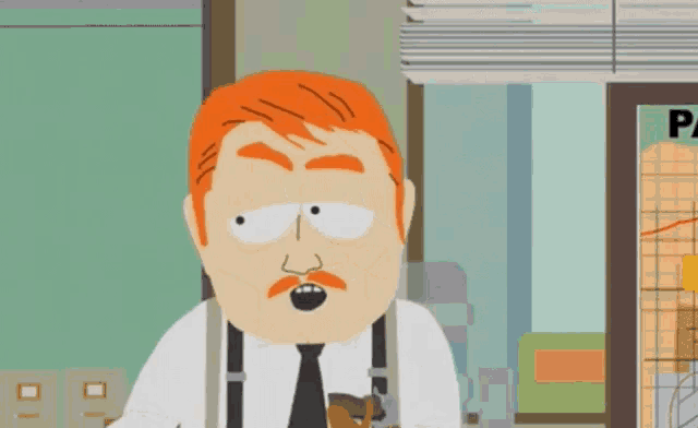 a cartoon character with red hair and a mustache has the letter n on his shirt