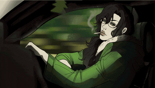a woman in a green jacket is smoking a cigarette