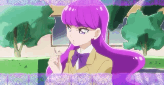 a girl with purple hair and a purple bow tie is standing in front of a building .