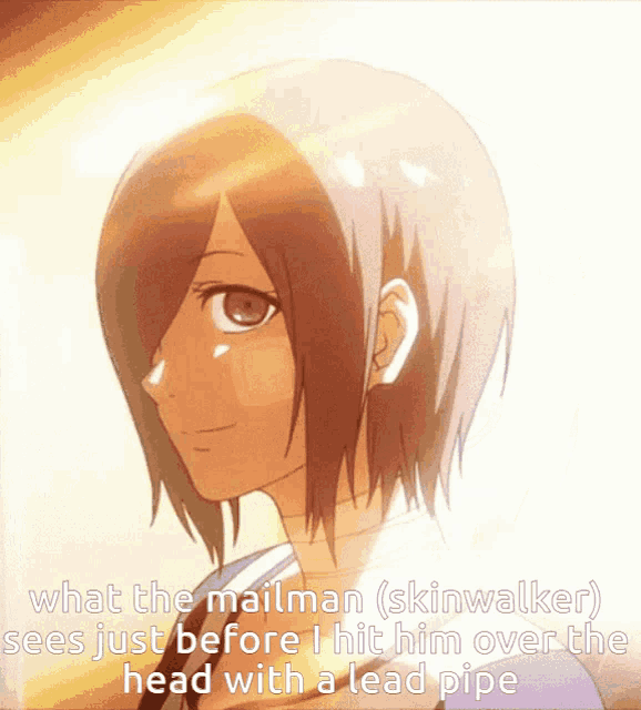 a picture of a girl with the caption what the mailman ( skinwalker ) sees just before i hit him over the head