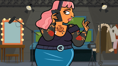 a cartoon of a woman talking on a cell phone with a c on her belt
