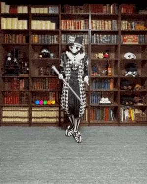 a harlequin is standing in front of a bookshelf with a sign that says circus