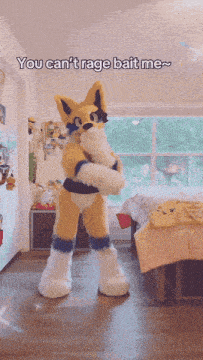 a furry mascot says " you can 't rage bait me " in a room