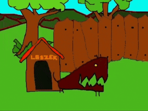 a cartoon of a man standing next to a dog house with the name leszek on it