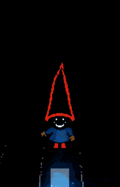 a pixel art of a gnome with a red hat on