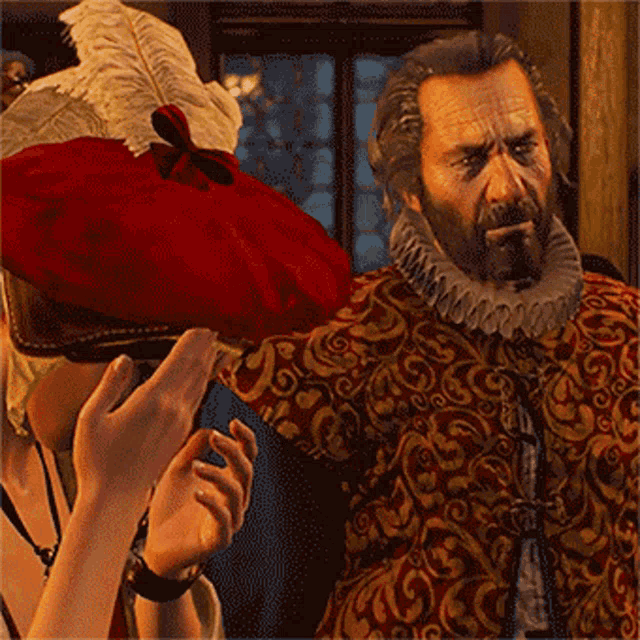 a man with a beard is wearing a red hat with a white feather