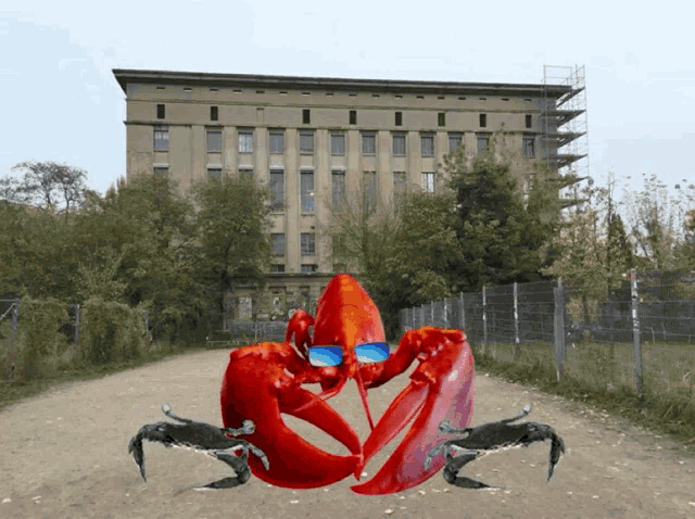 a lobster wearing sunglasses stands in front of a large building