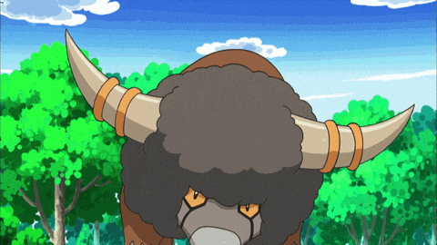 a cartoon drawing of a bull with large horns standing in a forest