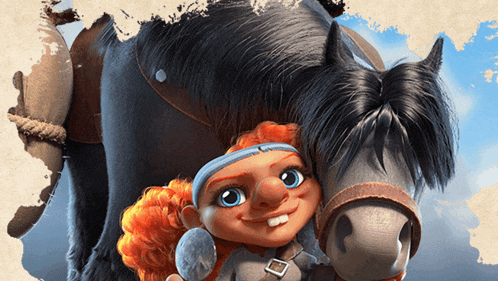 a little girl with red hair is hugging a black horse